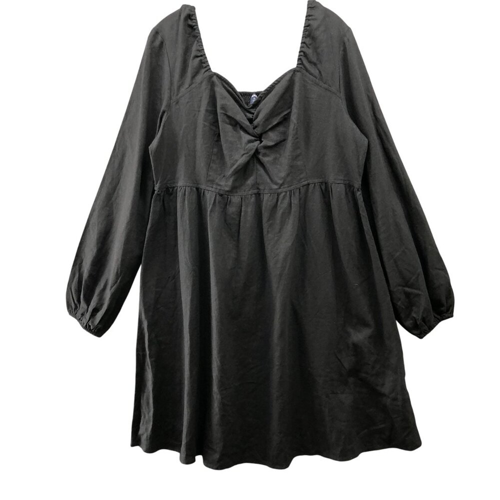 Kiabi Linen‎ Blend Long Sleeve Dress XL Black Knee Length Smocked Sweetheart